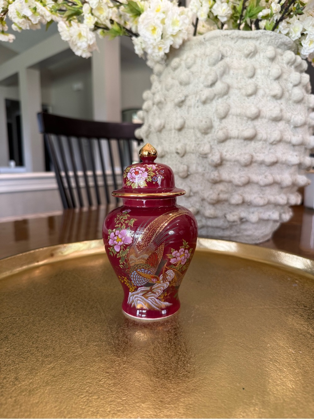 Vintage Burgundy Ginger Jar – Phoenix & Floral Porcelain Decor